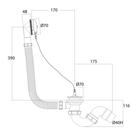 Desagüe bañera sifonico flexible, salida orientable PVC encolar Ø40 Desagüe bañera sifonico flexible, salida orientable PVC encolar Ø40