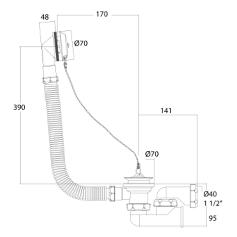 Desagüe bañera sifonico flexible autolimpiante, salida horizontal con tuerca Ø40