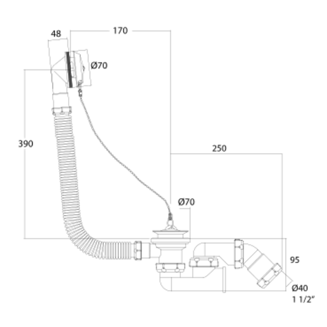 Desagüe bañera sifonico flexible autolimpiante, salida orientable con tuerca Ø40 Desagüe bañera sifonico flexible autolimpiante, salida orientable con tuerca Ø40