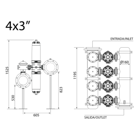 Batería filtrado automático doble cuerpo 4 X 3“ -ANILLAS