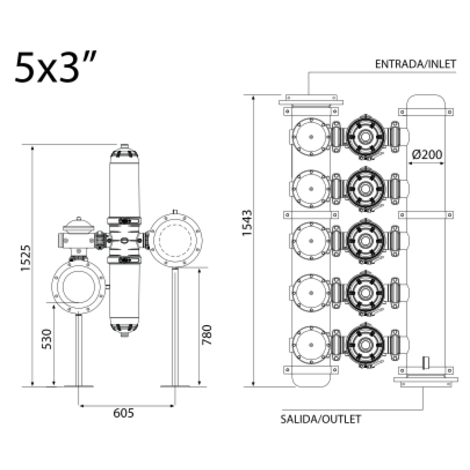 Batería filtrado automático doble cuerpo 5 X 3“ -ANILLAS Batería filtrado automático doble cuerpo 5 X 3“ -ANILLAS