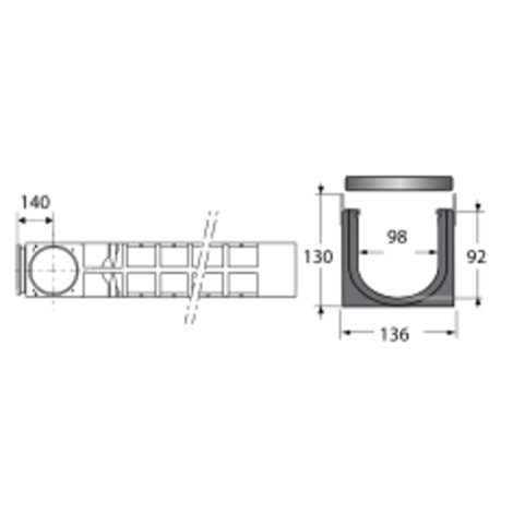 Canaleta reforzada con protección de acero galvanizado con 1 rejilla enrejada de acero galvanizado. Altura 130, clase B-125 Canaleta reforzada con protección de acero galvanizado con 1 rejilla enrejada de acero galvanizado. Altura 130, clase B-125