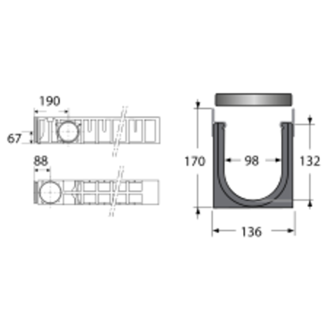 Canaleta reforzada con protección de acero galvanizado con 2 rejillas de fundición. Altura 170, clase C-250