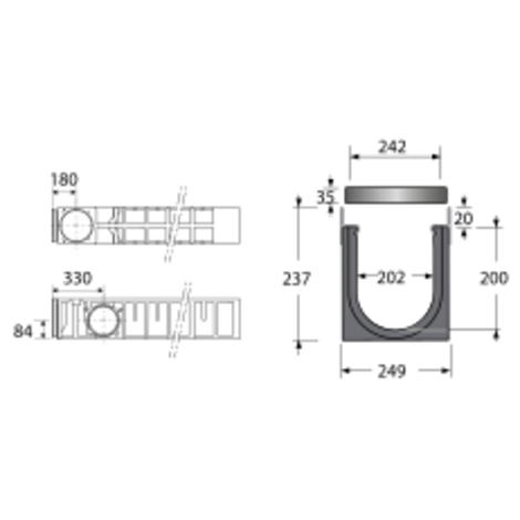 Canaleta reforzada con protección de acero galvanizado con 2 rejillas de fundición. Ancho 200, clase C-250 Canaleta reforzada con protección de acero galvanizado con 2 rejillas de fundición. Ancho 200, clase C-250