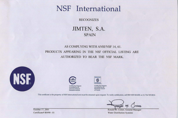 Certificado NSF Válvulas de esfera
