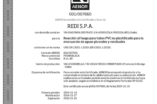 Certificado – AENOR – EN 13501‑1 – 001/007660 – Phonoblack tuberías PVC‑U