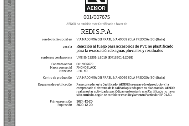 Certificado – AENOR – EN 13501‑1 – 001/007675 – Phonoblack accesorios PVC‑U