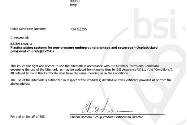 Certificado BSI Kitemark – BS EN 1401‑1 (KM 62295)