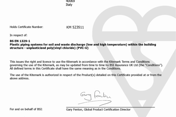 Certificado BSI Kitemark – BS EN 1329‑1 (KM 523511)