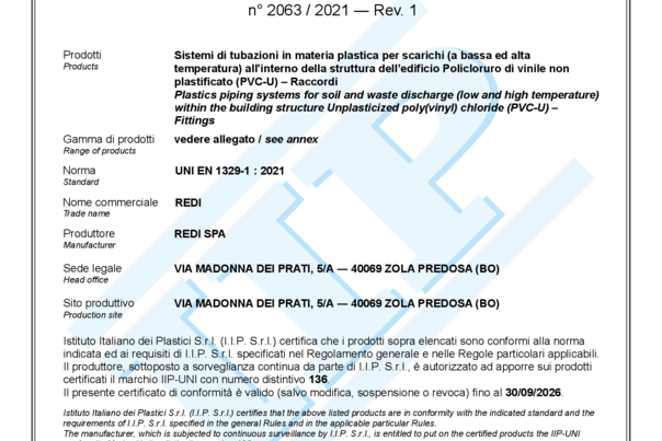 Certificado IIP‑UNI – UNI EN 1329‑1 (2063/2021)