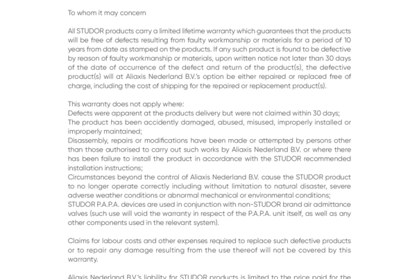 Garantía – Studor – 10 años (Ref. 21‑08‑070)