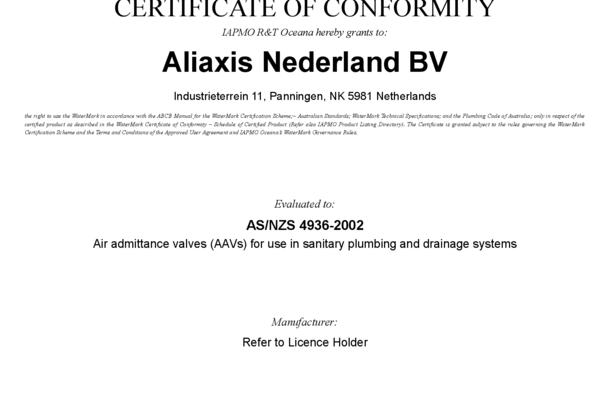 Certificado WaterMark – WM‑022830 (Studor Vent Valves)
