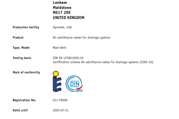 Certificado – DIN‑CERTCO / CE / KEYMARK – DIN EN 12380 – Studor Maxi‑Vent