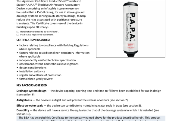 Certificado – BBA (UK) – Agrément 22/6305 – Studor P.A.P.A.