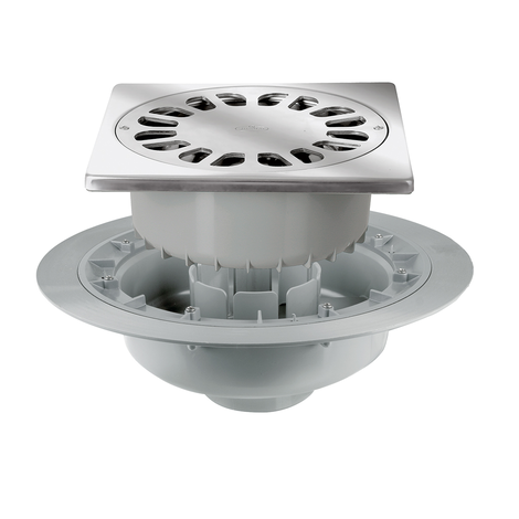 Caldereta sifónica autolimpiante con prensatelas y extensible, salida vertical Caldereta sifónica autolimpiante con prensatelas y extensible, salida vertical