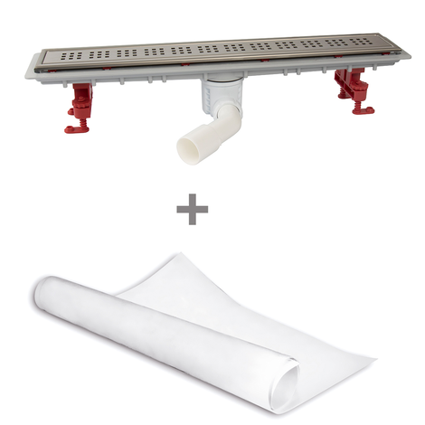 Canaleta Linnum para plato de ducha de obra. Salida orientable.Sifón 50 mm.  Ancho 70. Rejilla CLASSIC. CERCO VISIBLE y tela impermeabilizante Canaleta Linnum para plato de ducha de obra. Salida orientable.Sifón 50 mm.  Ancho 70. Rejilla CLASSIC. CERCO VISIBLE y tela impermeabilizante