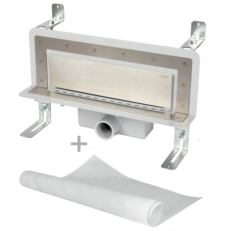 Sumidero vertical de pared. Sifón 30 mm. Salida frontal encolar 40H - 50M y lámina impermeabilizante Sumidero vertical de pared. Sifón 30 mm. Salida frontal encolar 40H - 50M y lámina impermeabilizante