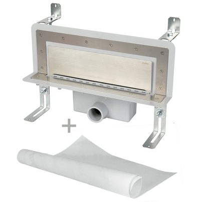 Sumidero vertical de pared. Sifón 50 mm. Salida frontal encolar 40H -50M y lámina impermeabilizante