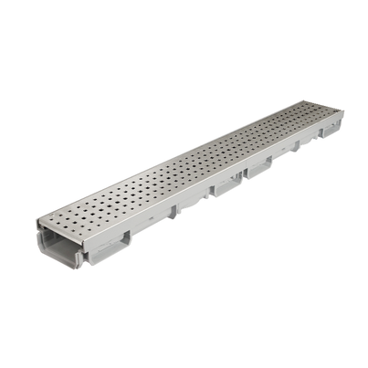 <b>Uso privado</b>. Canaleta con rejilla perforada de acero inoxidable, ancho 130