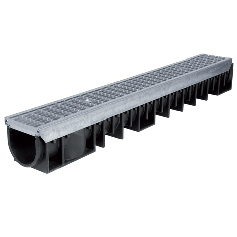 Canaleta reforzada con protección de acero galvanizado con 1 rejilla enrejada de acero galvanizado. Altura 130, clase B-125 Canaleta reforzada con protección de acero galvanizado con 1 rejilla enrejada de acero galvanizado. Altura 130, clase B-125