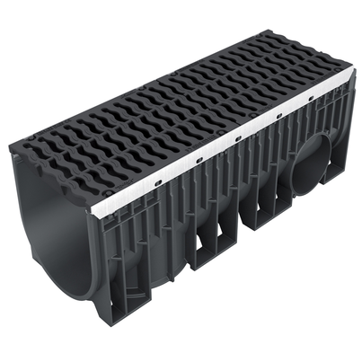 Reinforced gutter with galvanized steel protection with 2 cast iron gratings. Width 300, class D-400