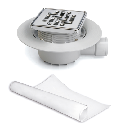 Sumidouro sifónico para base chuveiro de obra, saída horizontal com tela impermeabilizante de lamina geotextil 2 x 1,5 m, premontada.