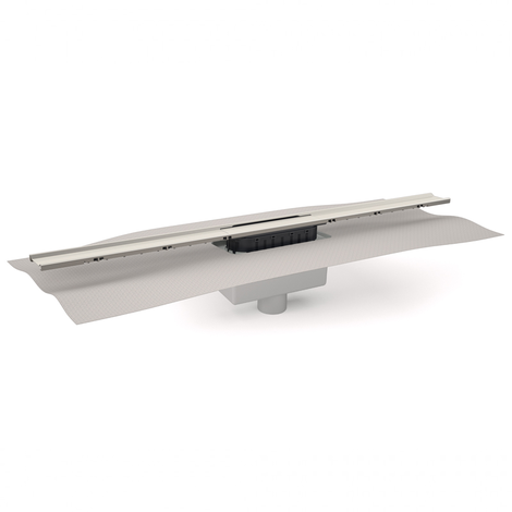 Canaleta Linnum de ancho 40 mm para plato de ducha de obra. Salida VERTICAL 40/50M. Sifón 50 mm. Con lámina geotextil fijada Canaleta Linnum de ancho 40 mm para plato de ducha de obra. Salida VERTICAL 40/50M. Sifón 50 mm. Con lámina geotextil fijada