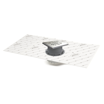 Sumidero para plato de ducha de obra, salida vertical. Rejilla 150 mm de Acero Inoxidable. Sifón 50 mm. Con lámina impermeabilizante de tela geotextil 2 x 1,5 m premontada.