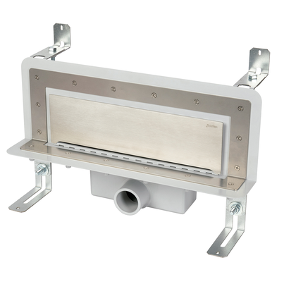 Accessible wall slot channel with 30 mm trap. Frontal outlet to be glued