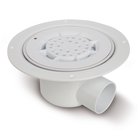 Sumidero sifónico con salida horizontal. Sifón 50 mm. Para instalación en suelos con revestimiento vinílico de hasta 3 mm de espesor. Rejilla en ABS blanco con bloqueo anti-vandálico. Sumidero sifónico con salida horizontal. Sifón 50 mm. Para instalación en suelos con revestimiento vinílico de hasta 3 mm de espesor. Rejilla en ABS blanco con bloqueo anti-vandálico.