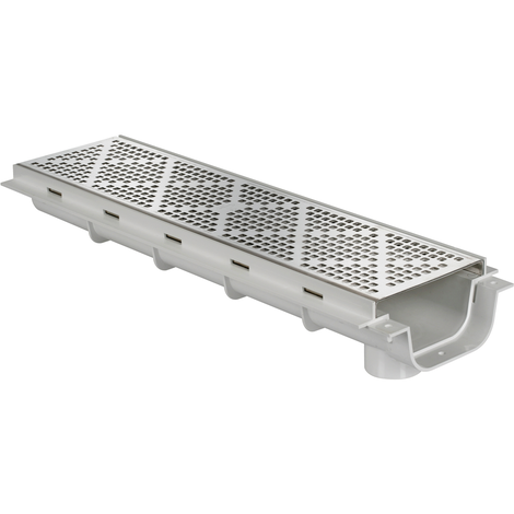 Canaleta peatonal con salida vertical pretorquelada Ø50 M, con rejilla ac. Inox. Altura reducida 64 mm, ancho 130 Canaleta peatonal con salida vertical pretorquelada Ø50 M, con rejilla ac. Inox. Altura reducida 64 mm, ancho 130