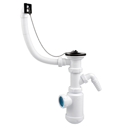 Adjustable bottle skin trap, horizontal outlet, kitchen sink outlet with rectangular overflow drain, auxiliary inlet for domestic appliances