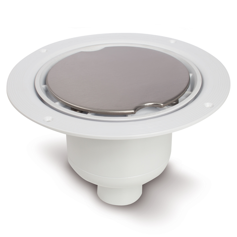 Sumidero sifónico con salida vertical macho. Sifón 50 mm. Para instalación en suelos con revestimiento vinílico de hasta 3 mm de espesor. Capó en acero inoxidable con bloqueo anti-vandálico