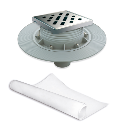 Floor gully for masonry built shower tray, horizontal outlet. Satinless steel 120 mm grid. 50 mm trap. With water tightening fabric in PVC 2 x 1.5 m (glued)