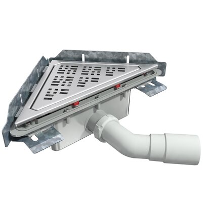 Sumidero de esquina Linnum triangular salida horizontal con codo orientable. Altura 92 mm. Rejilla Elegance