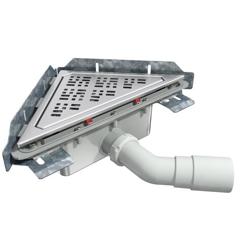 Sumidero de esquina Linnum triangular salida horizontal con codo orientable. Altura 92 mm. Rejilla Elegance