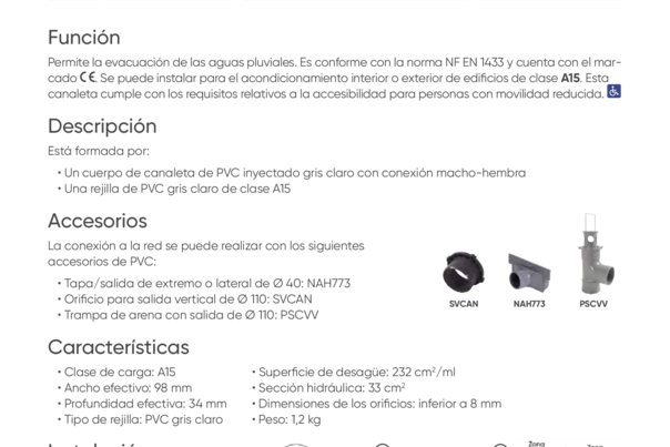 Ficha Técnica  - CAB510APG - Canal de 0,5 m en PVC con rejilla perforada tipo piscina en PVC