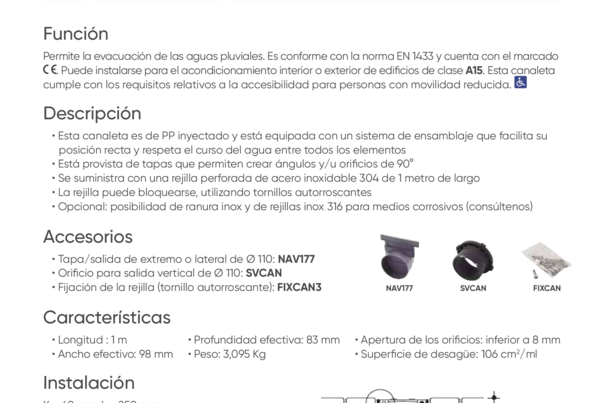 Ficha Técnica  - CAN10ATI - Canal de 1 m PP con marco y rejilla perforada de acero inoxidable