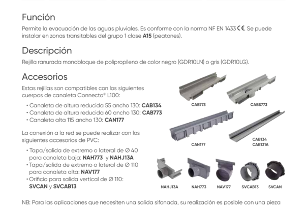 Ficha Técnica  - GDR10LM - GDR10LG - Rejilla ranurada peatonal 0,5 m de polipropileno | Altura 85 mm | Clase A15